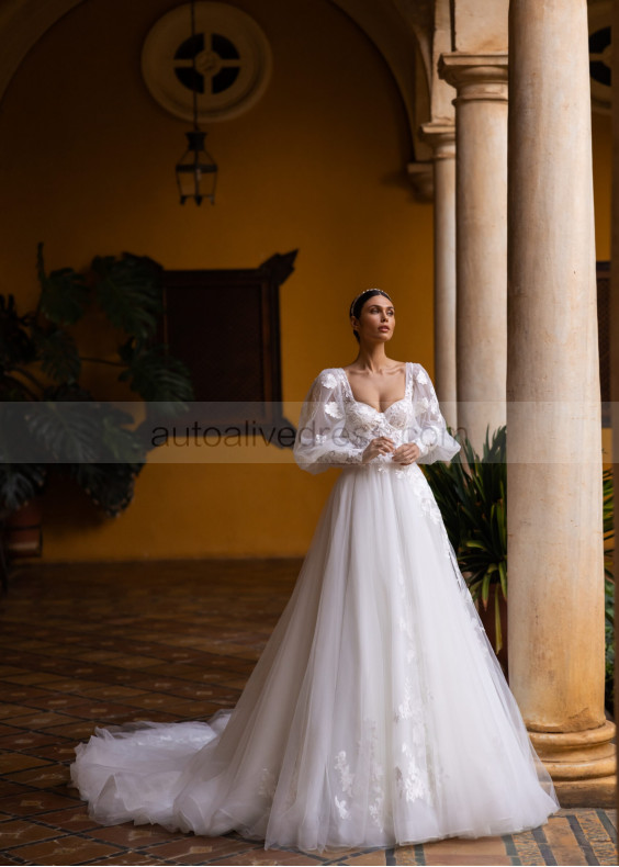 Ivory Embroidered Lace Tulle Wedding Dress With Detachable Sleeves